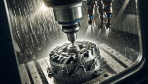 在一台高速數控銑床(CNC milling machine)上,一個金屬工件正接受高精度的切削加工。刀具迅速旋轉並與工件接觸,在強大摩擦與壓力下產生大量熱能。為了降低加工區域的溫度並延長刀具壽命,同時確保切削表面品質,兩支可調式噴嘴精準地將切削液高速噴灑至切削點。